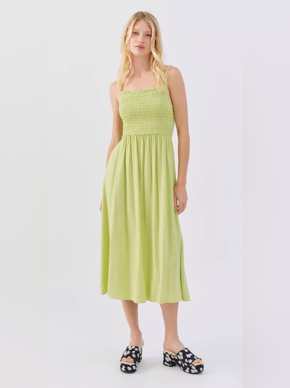 Lisa Says Gah Lime Green Smocked Midi Dress